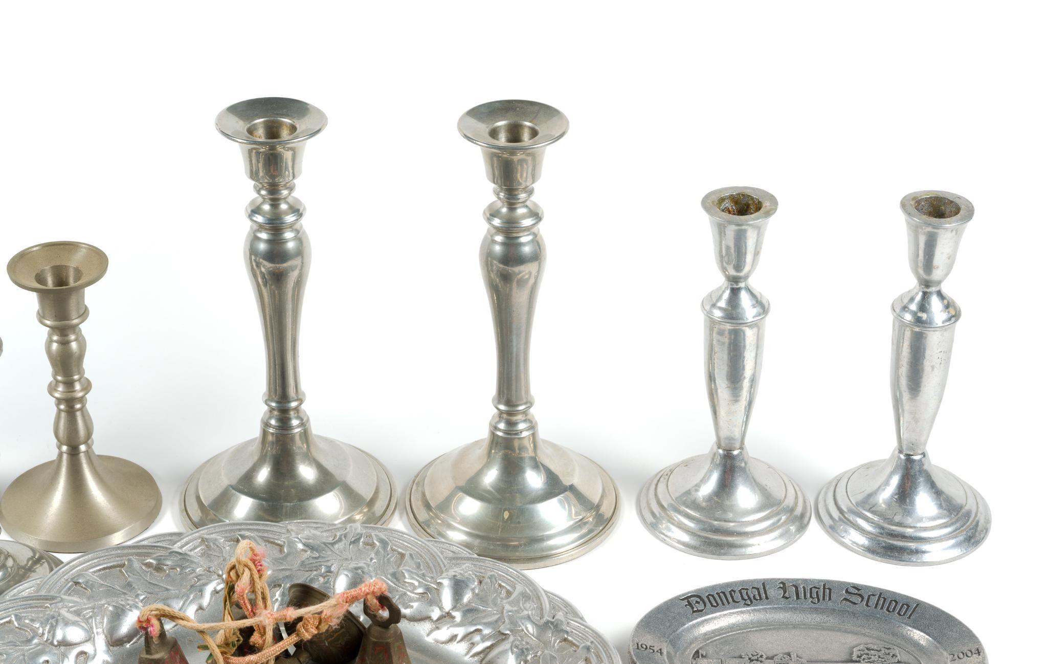 Brass Candlesticks & Assorted Pewter