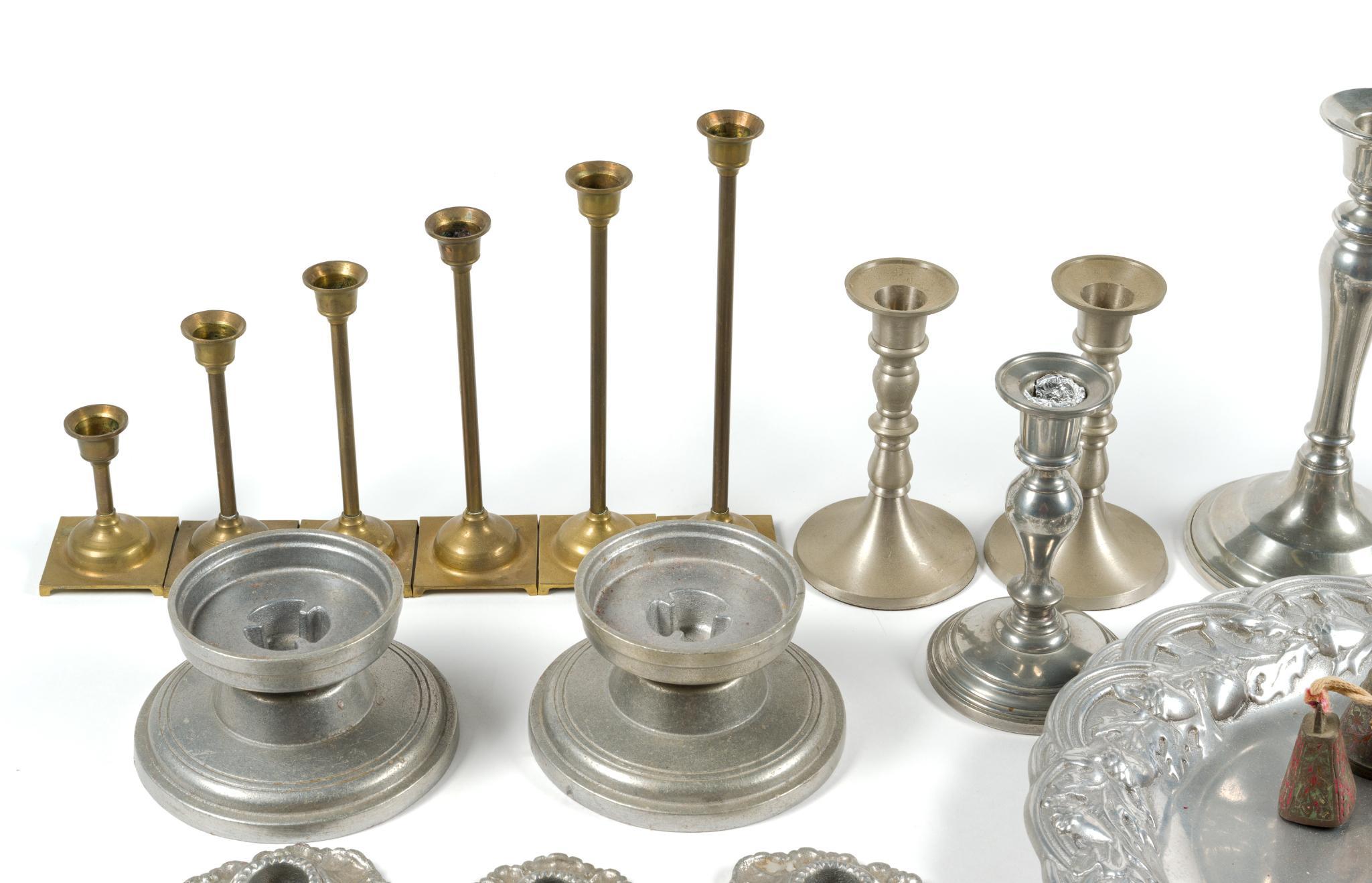 Brass Candlesticks & Assorted Pewter