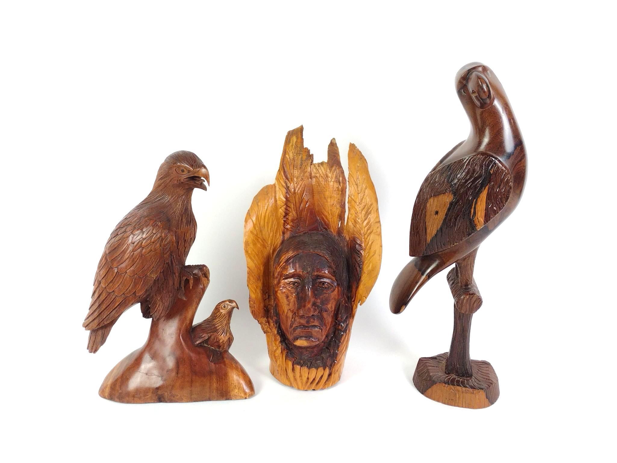 2 Unsigned Bird Statues & David Brown Native American Chief