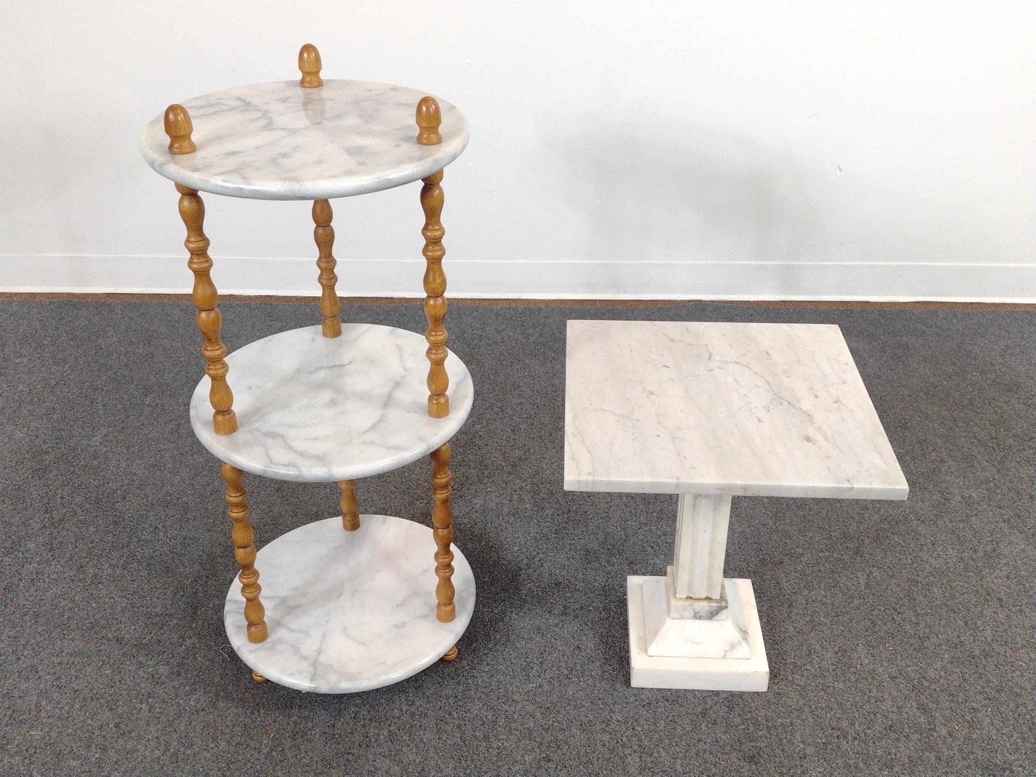 Marble Etagere and Pedestal Table