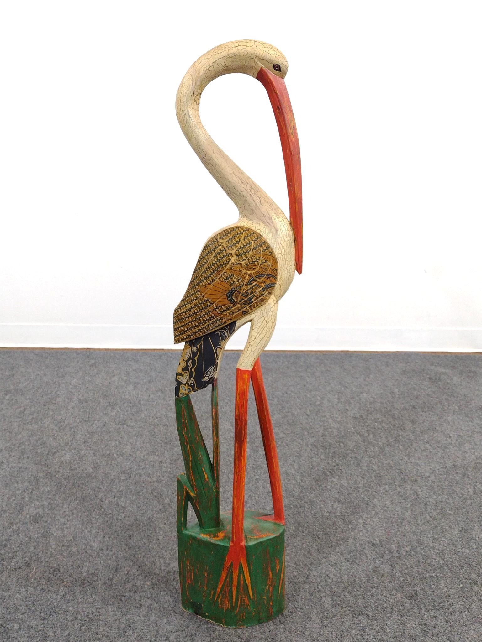 Painted Hand Carved Crane Sculpture