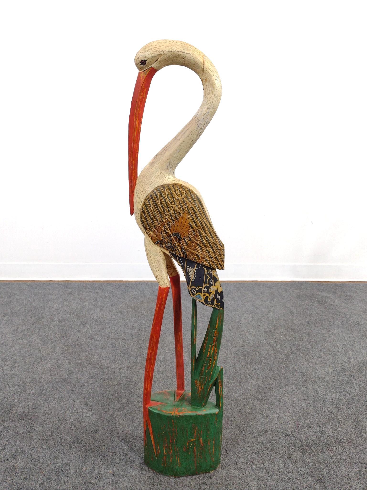 Painted Hand Carved Crane Sculpture