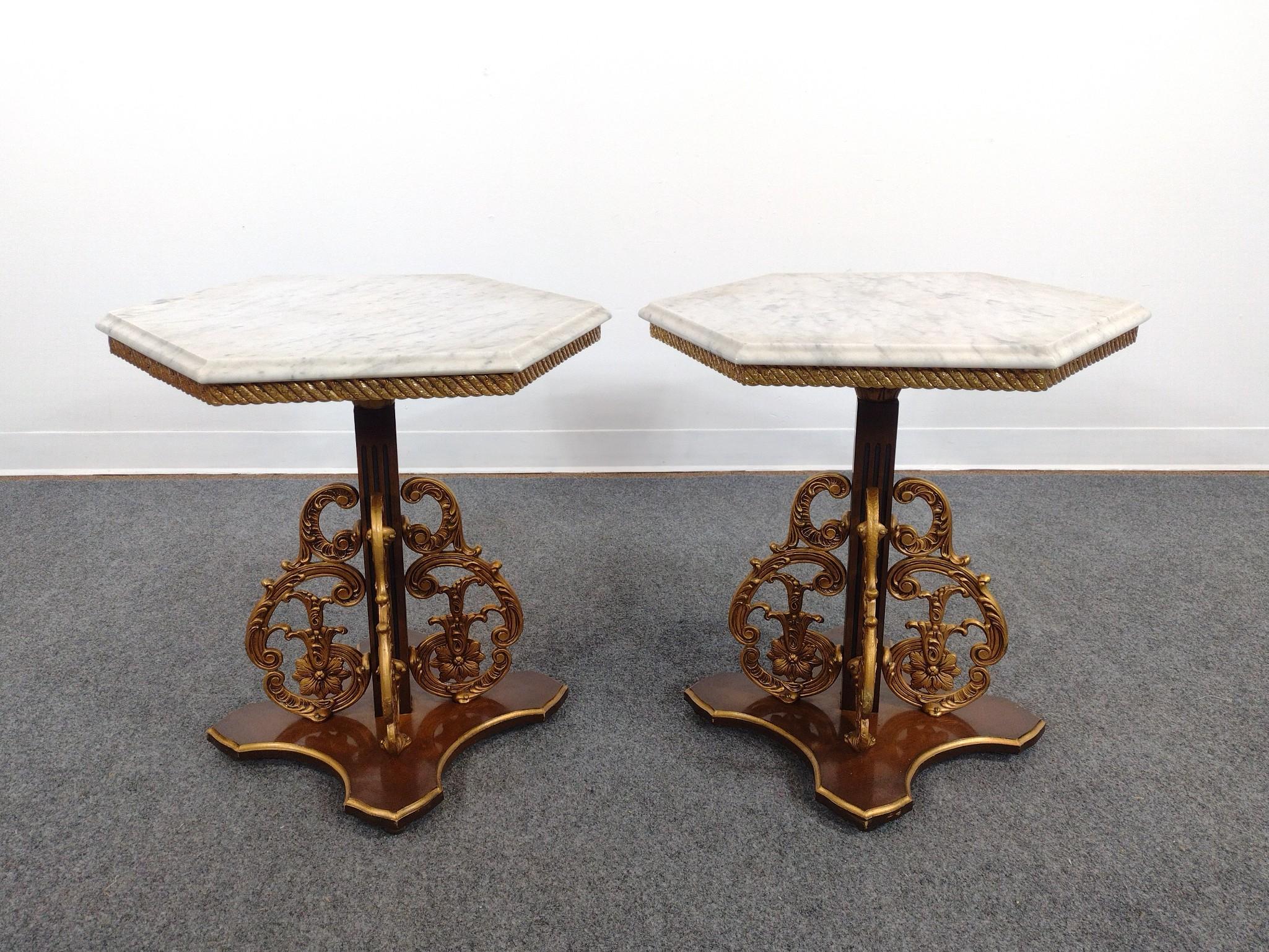 Pair of Italian Baroque Revival Marble Top End Tables