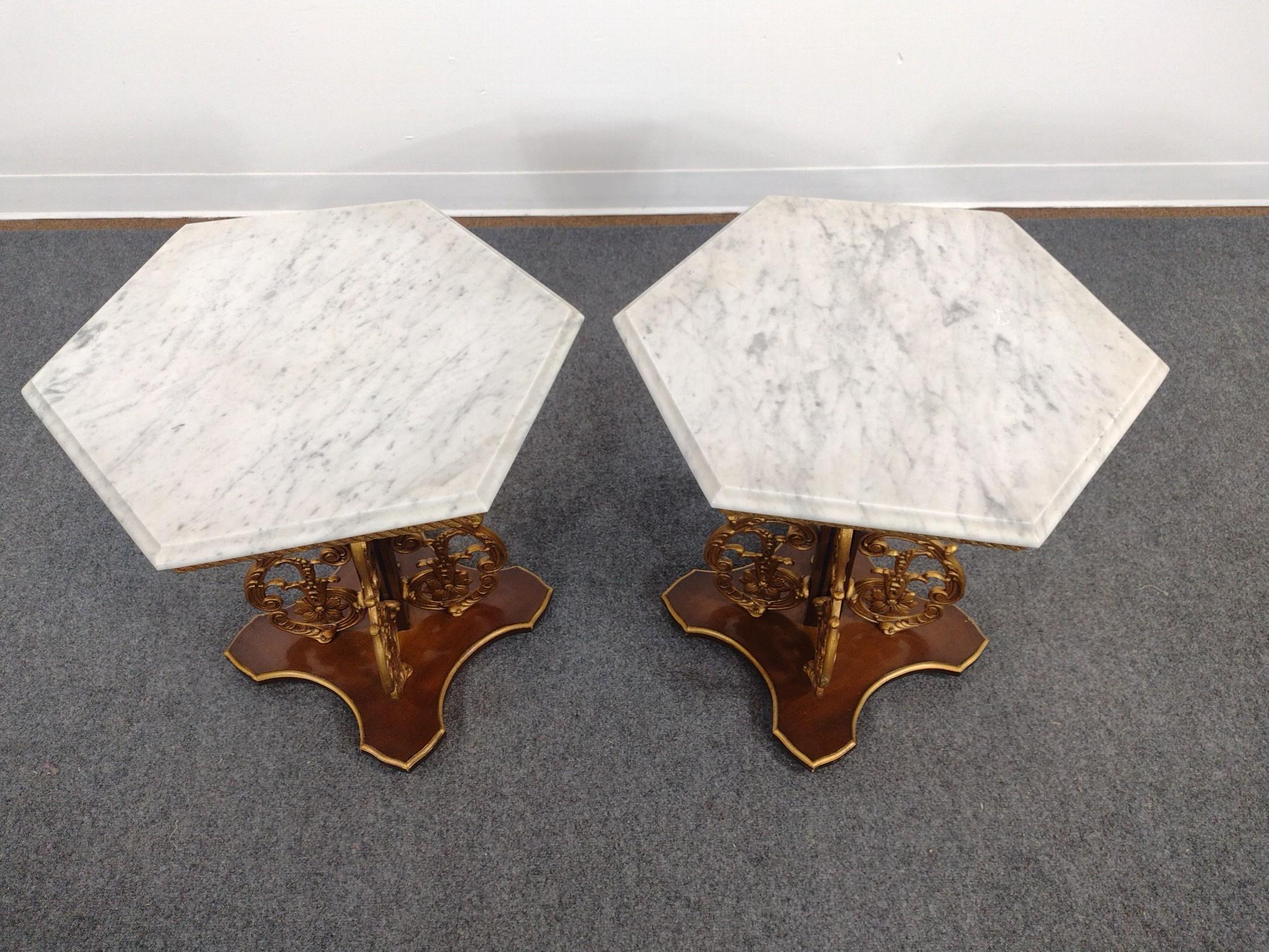 Pair of Italian Baroque Revival Marble Top End Tables