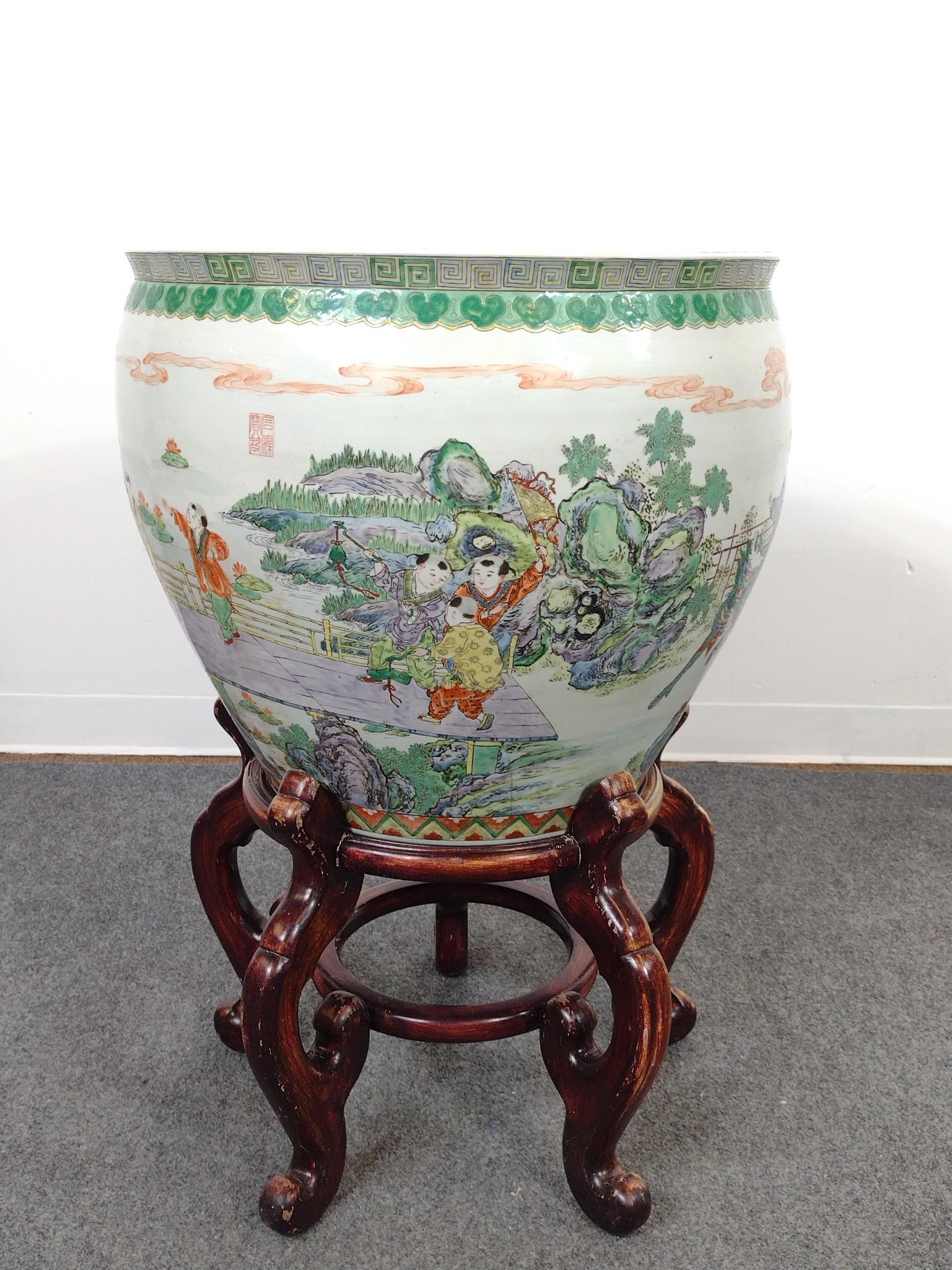 Large Chinese Fish Bowl on Stand
