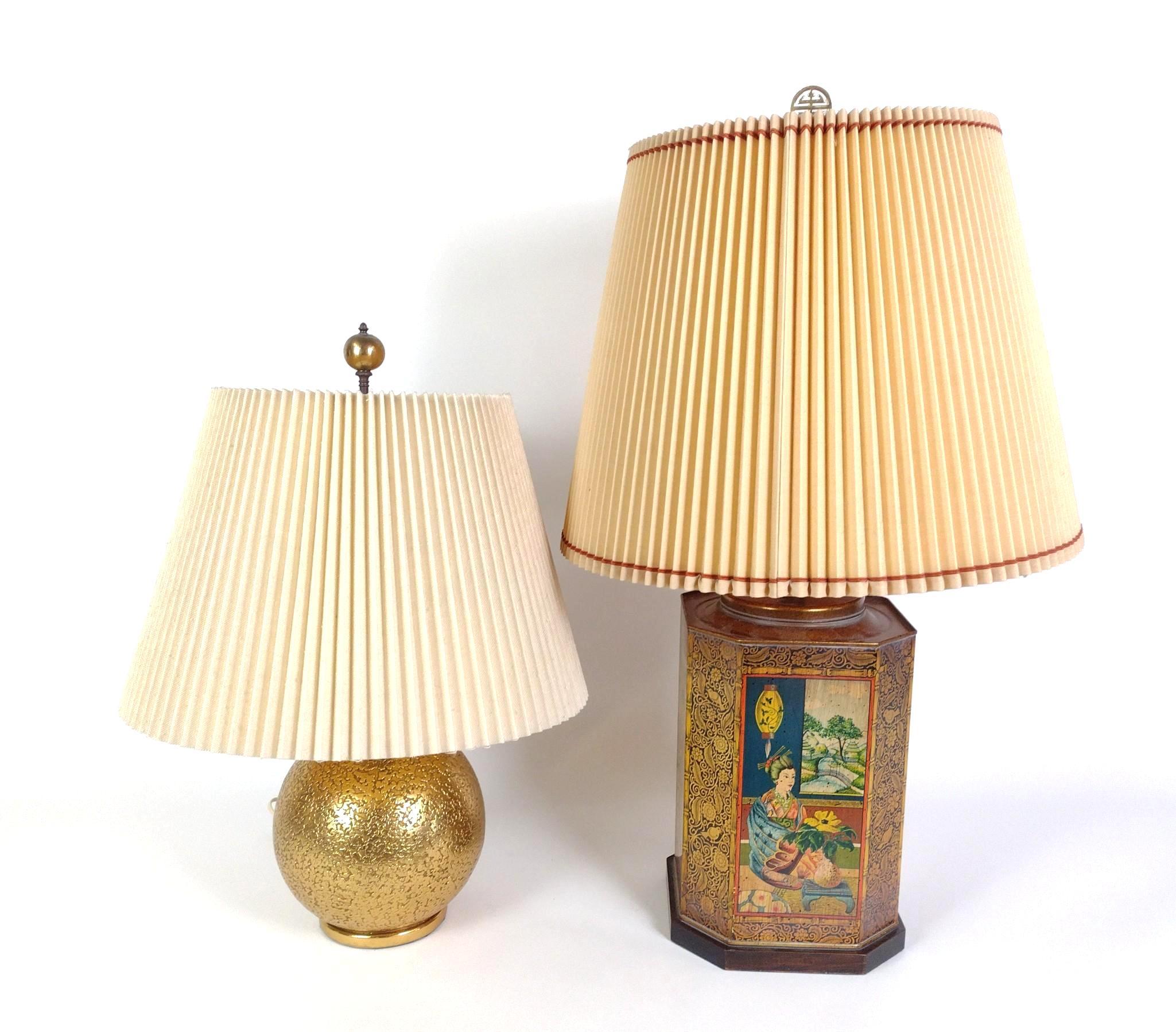 Tin Decorated Table Lamp & Mid-Century Gold Spherical Table Lamp
