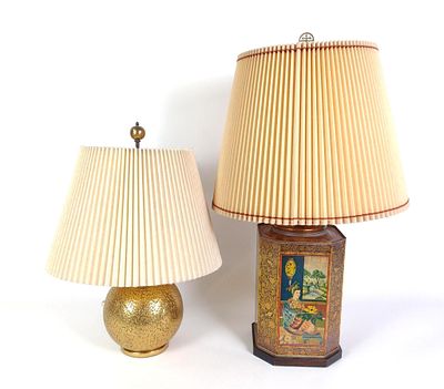 Tin Decorated Table Lamp & Mid-Century Gold Spherical Table Lamp. 13" to 17-1/2" wide x 23" to 