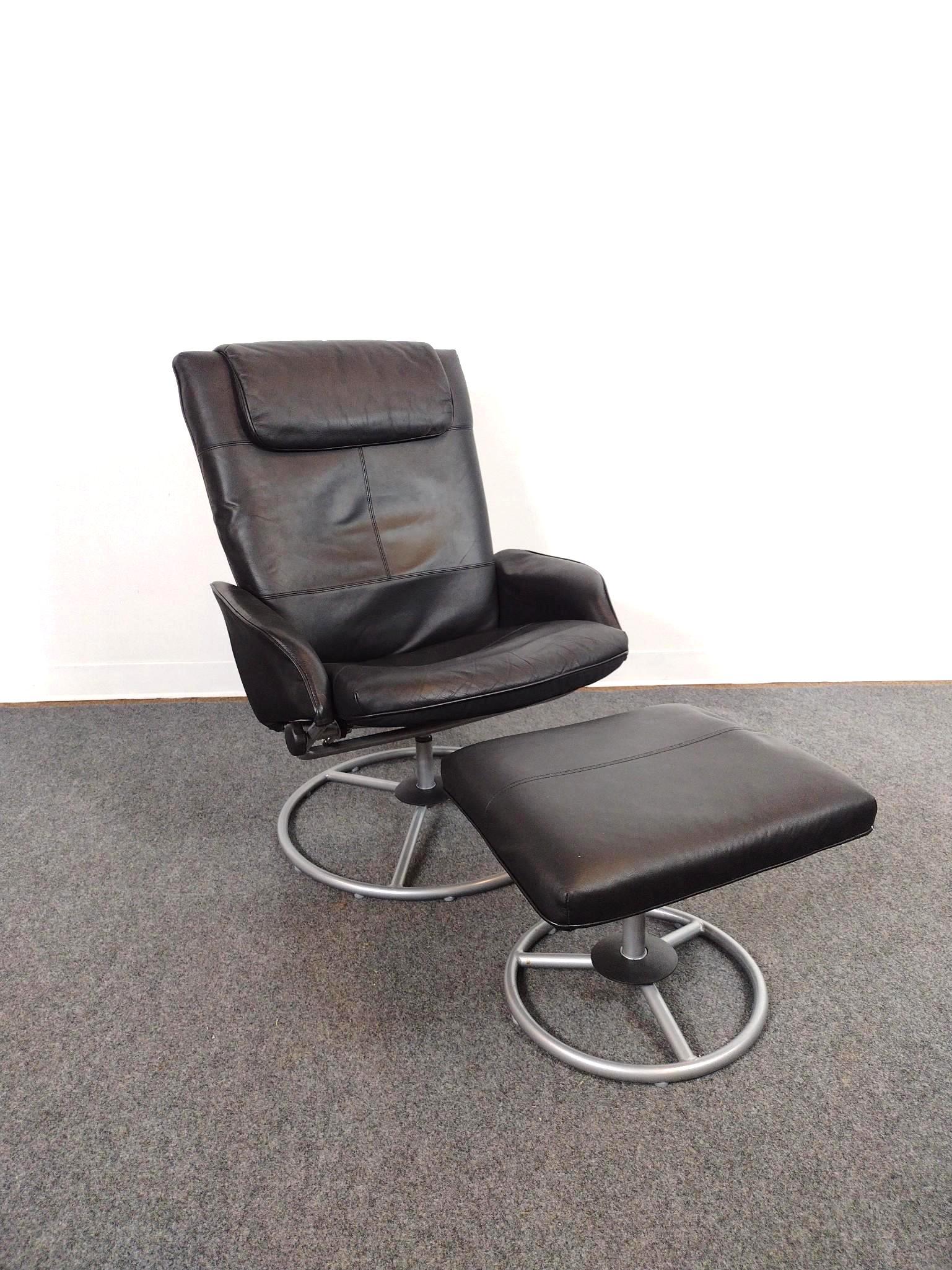 Ikea Malung Black Leather Swivel Recliner and Ottoman