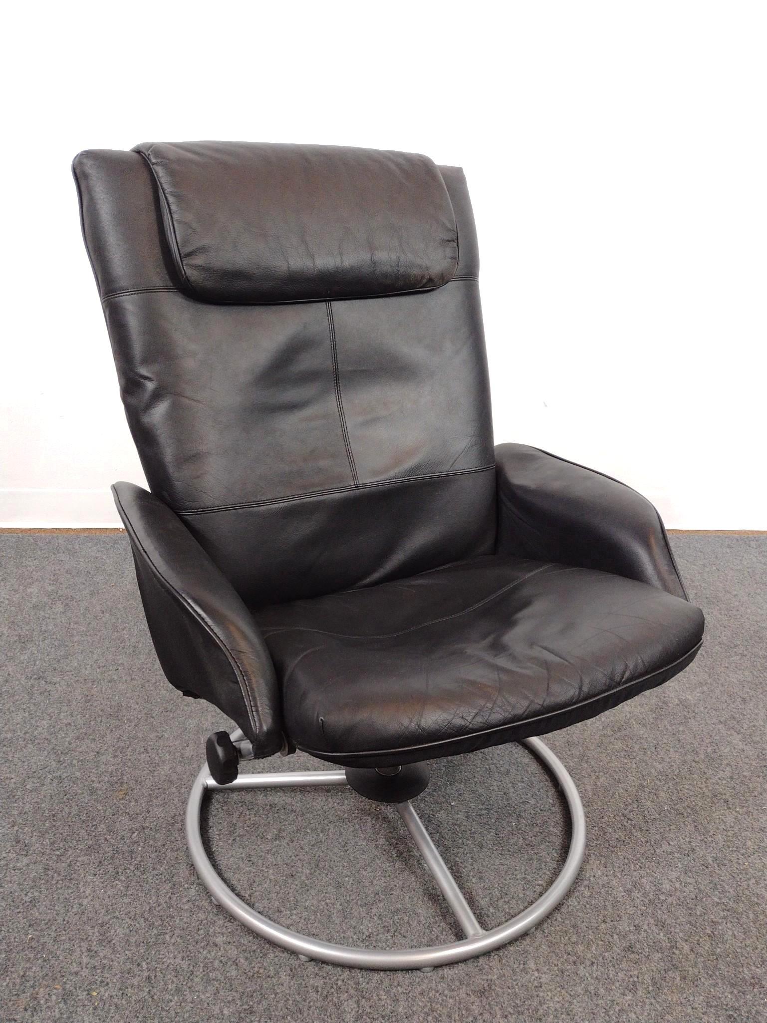 Ikea Malung Black Leather Swivel Recliner and Ottoman