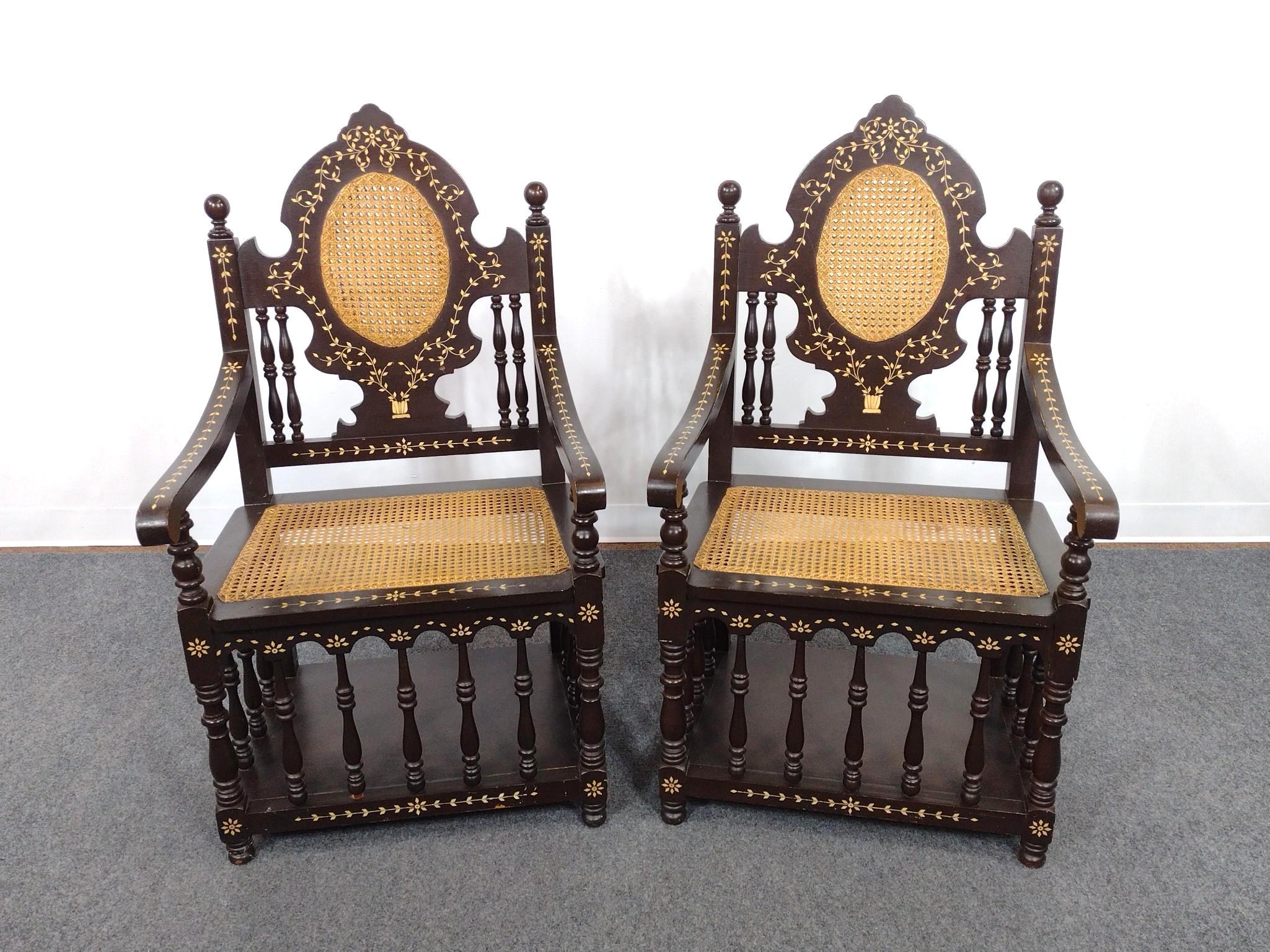 Pair of Inlaid and Cane Armchairs