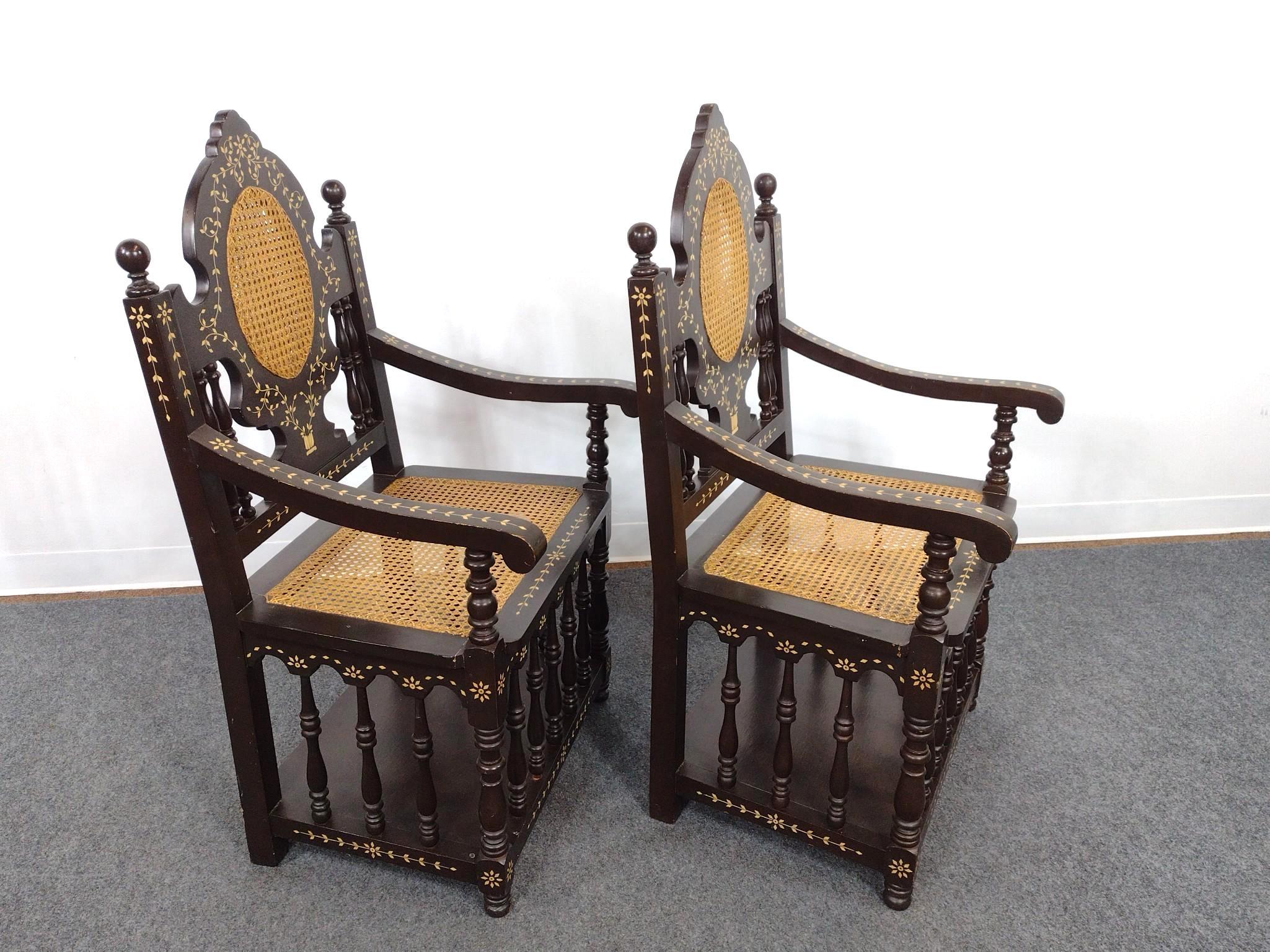 Pair of Inlaid and Cane Armchairs