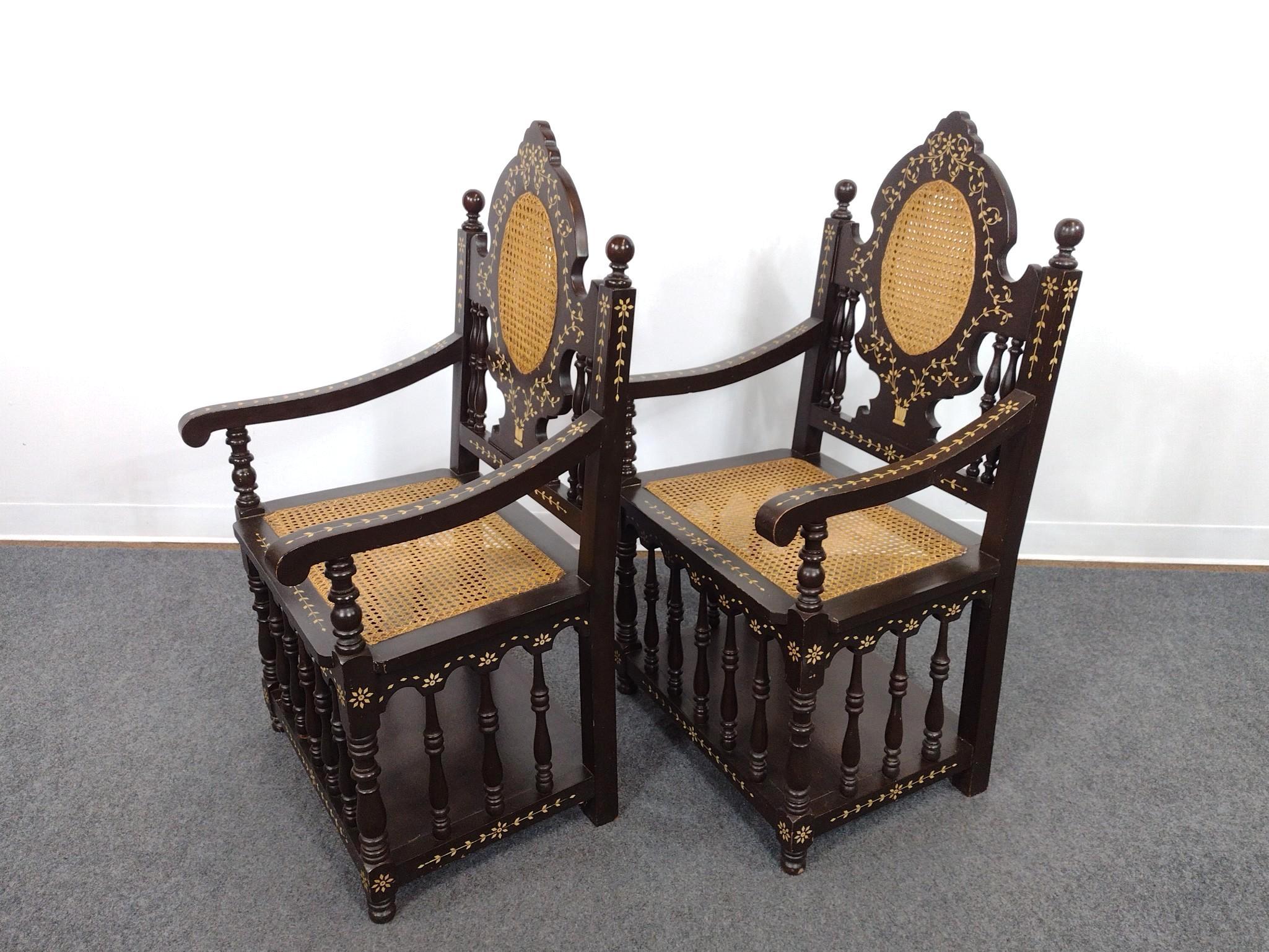 Pair of Inlaid and Cane Armchairs