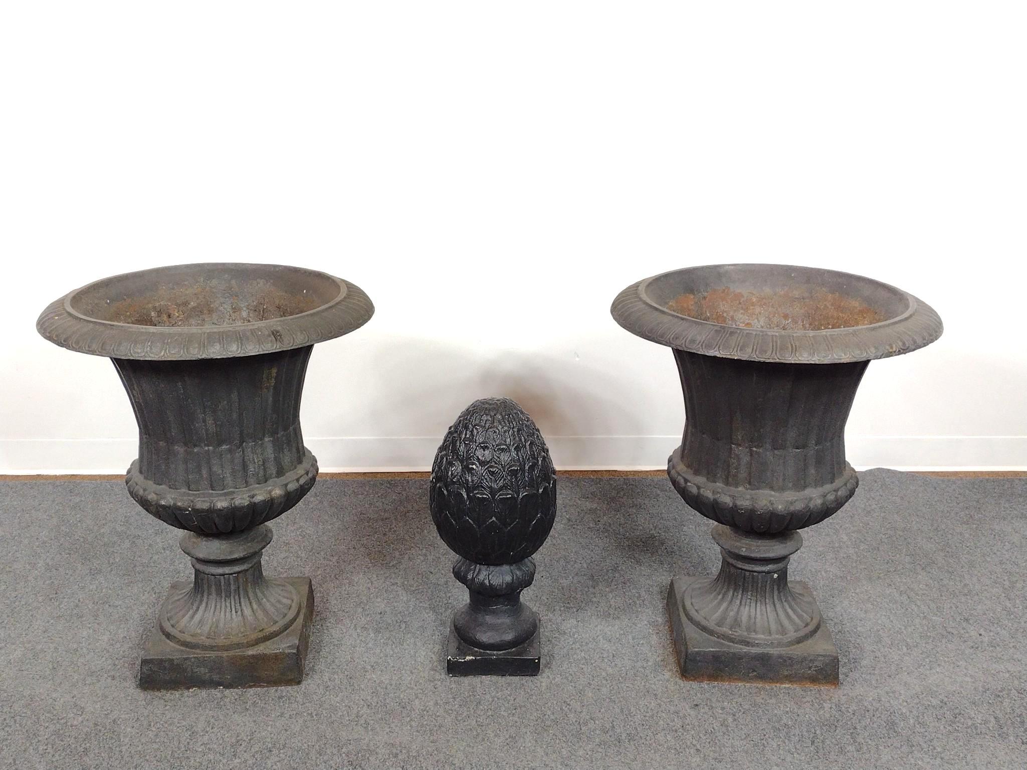 Pair of Cast Iron Planters and Cement Decoration