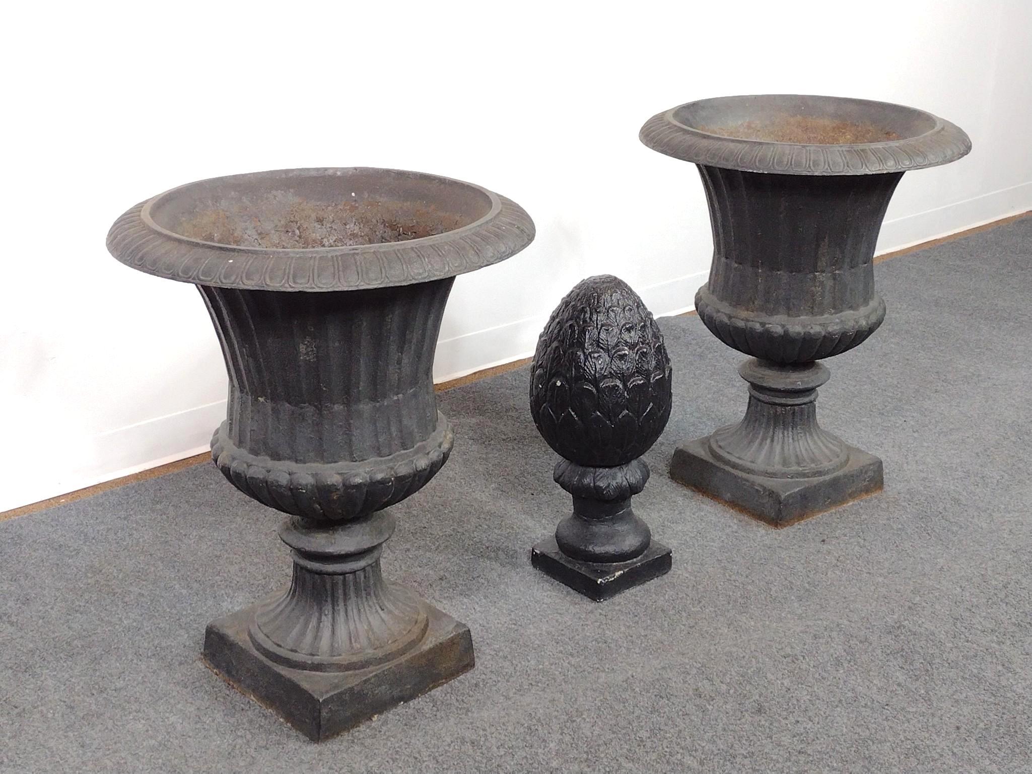 Pair of Cast Iron Planters and Cement Decoration