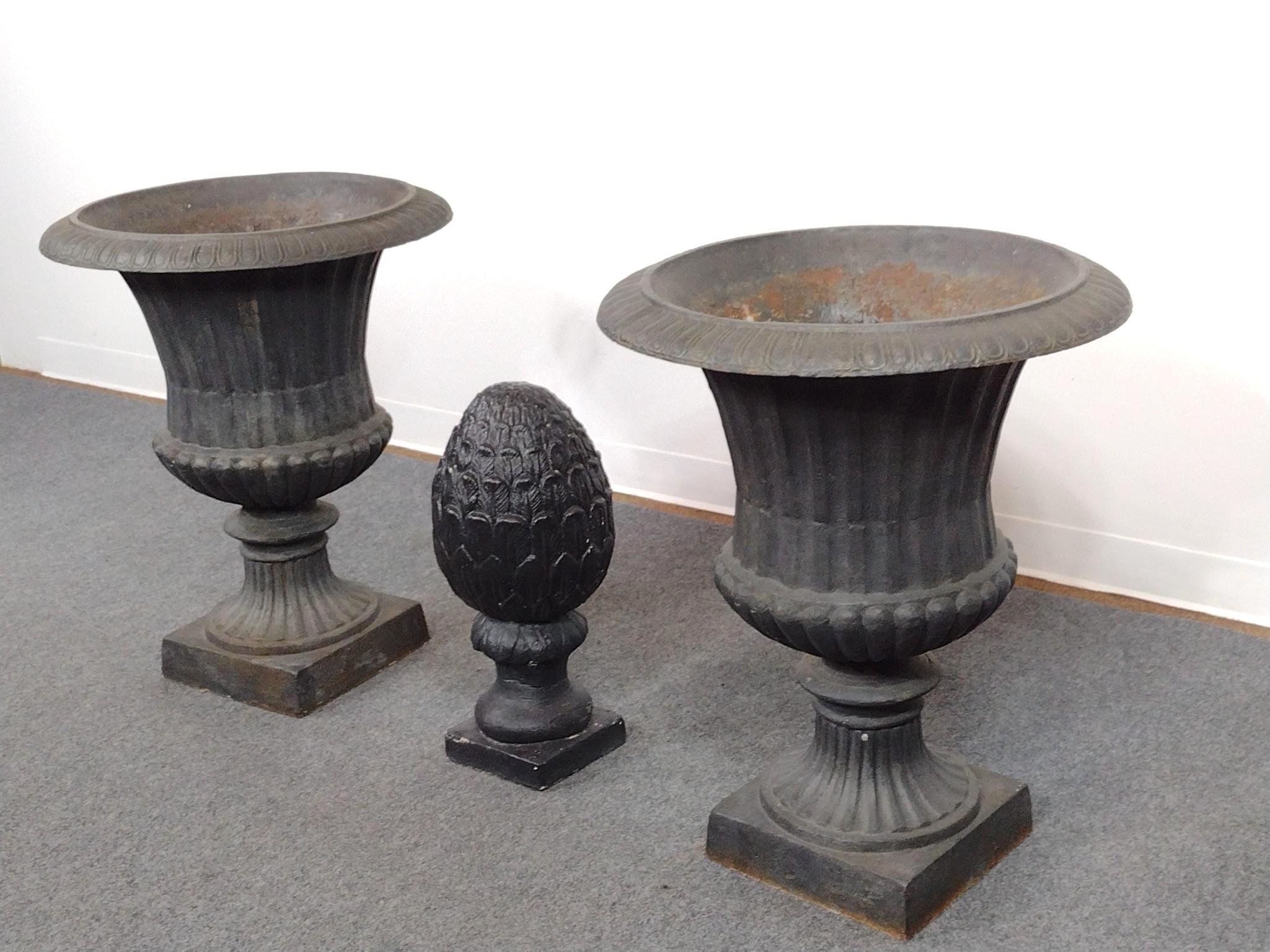 Pair of Cast Iron Planters and Cement Decoration