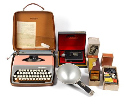 Cine-Kodak Magazine 8, Concord Typewriter & More. Typewriter measures 12-1/2" wide x 12-1/4" high.