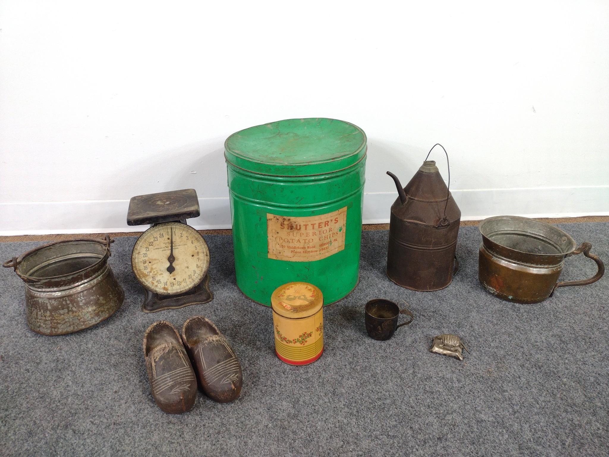 Antique Copper Pots, Scale & Oil Can