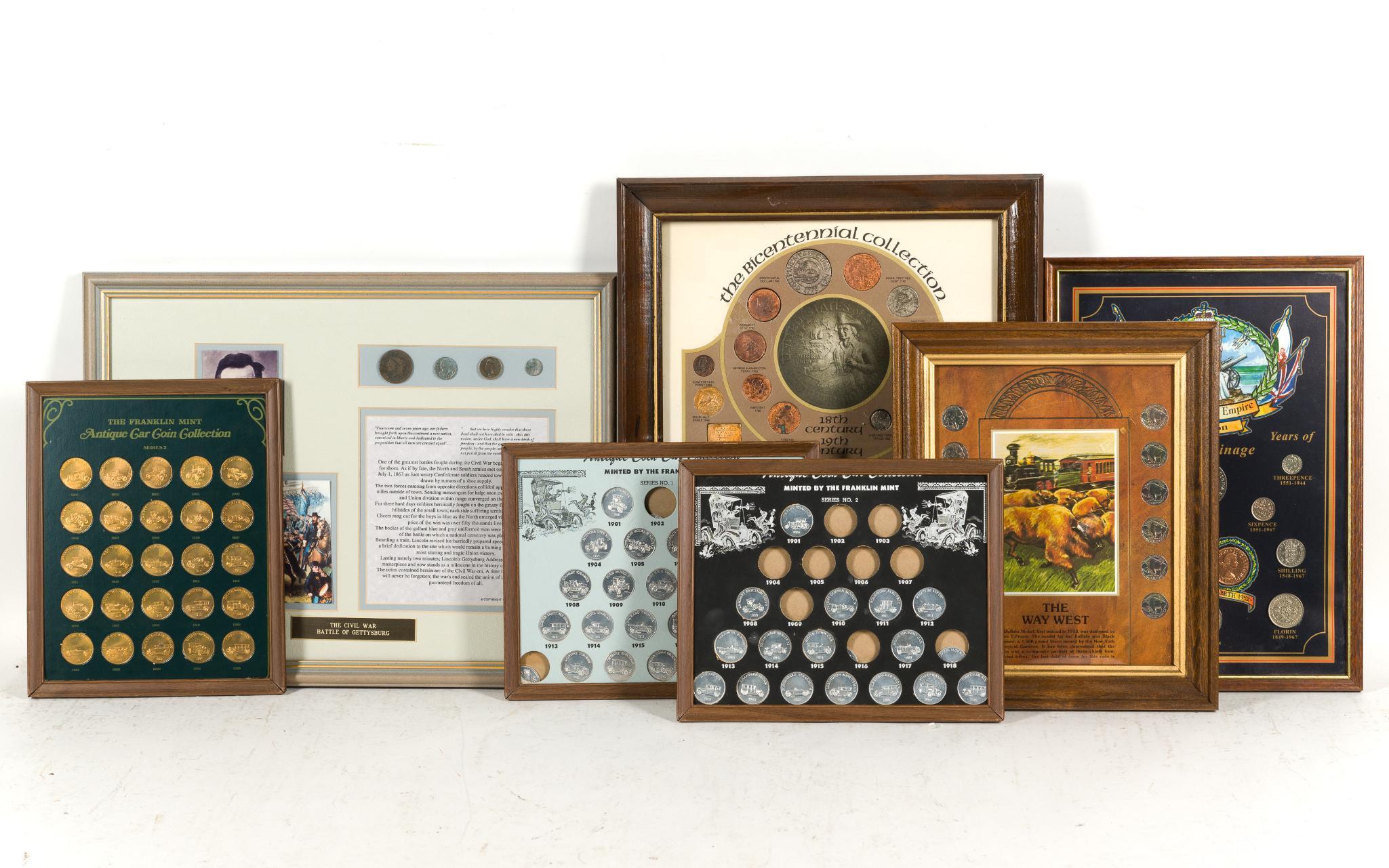 7 Framed Commemorative Coins & Tokens
