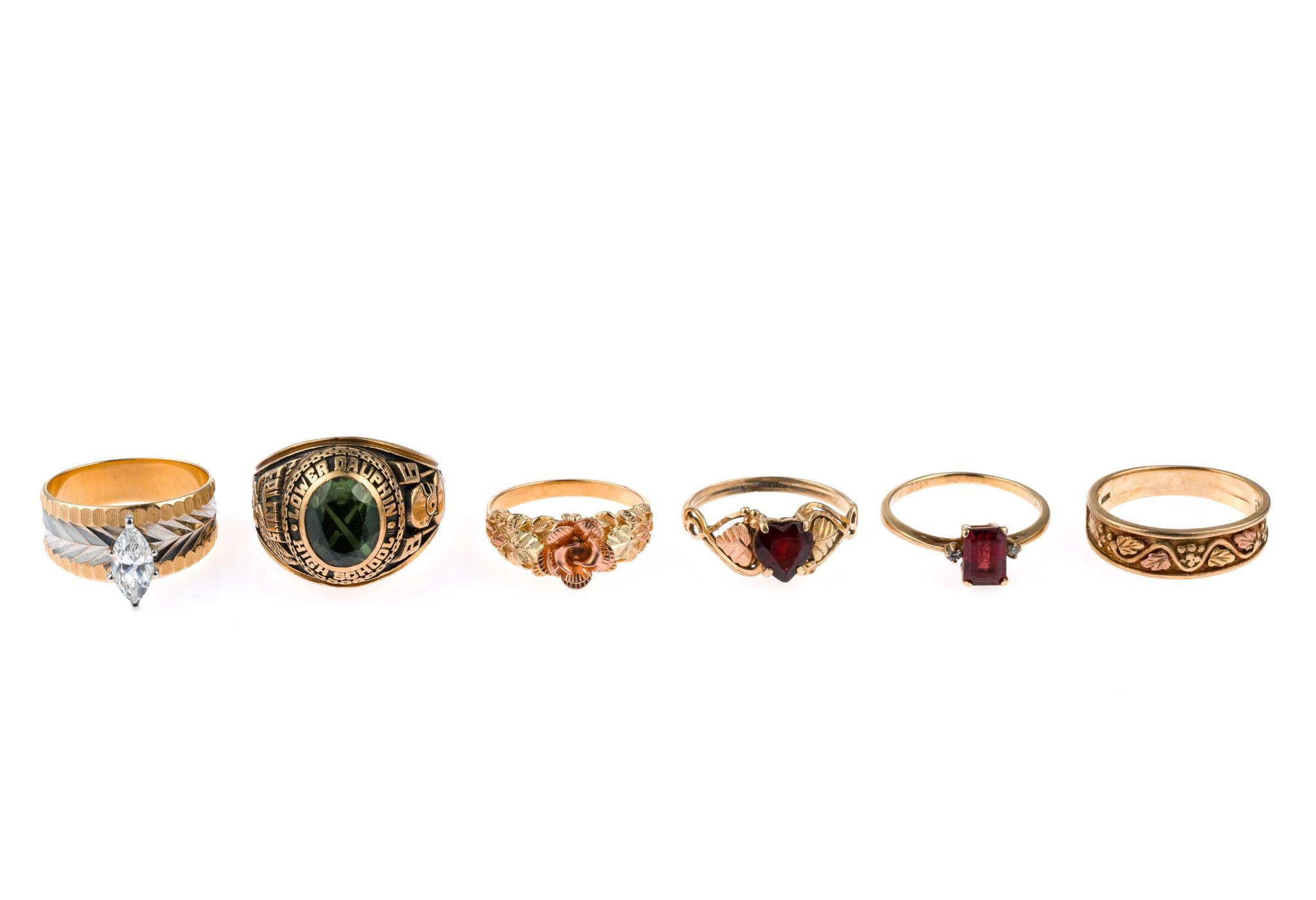 Six 10K Gold Rings Incl. Class Ring