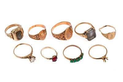 10K Gold Scrap Rings. Nine rings with monograms or damage that are marked or tested 10k. The 