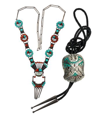 Natachu Thunderbird Bolo Tie & Lalio Sunface Zuni Necklace. Two pieces of Native American 