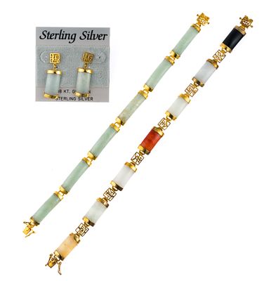 Vermeil and Jade Jewelry. All marked sterling with gold overlay and multi color jade. Bracelets 