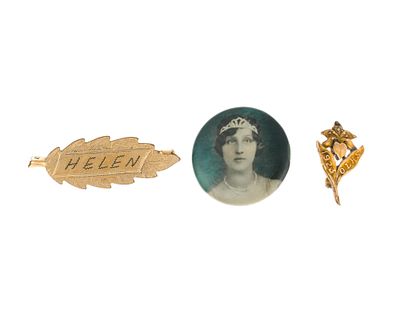 Antique 10K Gold Pins & Portrait Pin. Both gold pins test 10k. 3/4" to 1-1/2" wide x 3/4" to 