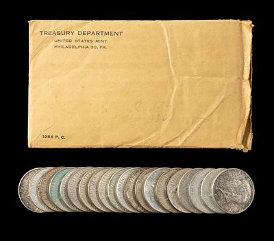 1955 Mint Set and Silver Half Dollars. A 1955 mint set sealed in original cellophane and 