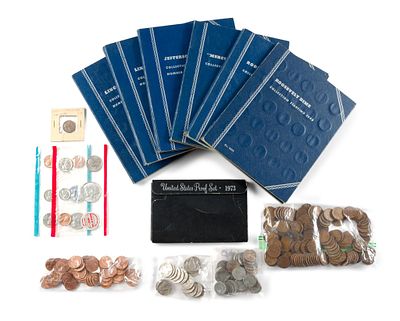 US Coins Incl. Wheat Cents and Silver. Partial books with Roosevelt and Mercury dimes contain 