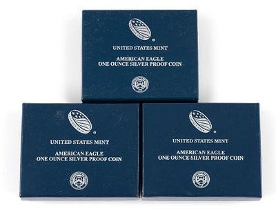 Three Silver American Eagle Coins. 2016, 2017, 2018 ultra cameo proof Silver Eagles with boxes 