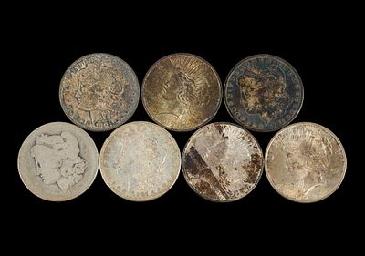 Seven Silver Morgan and Peace Dollars. There are four Morgan dollars and three Peace dollars.