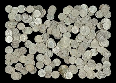 Silver Dimes And Quarters. Approximately 220 silver Roosevelt and Mercury dimes and 9 silver 