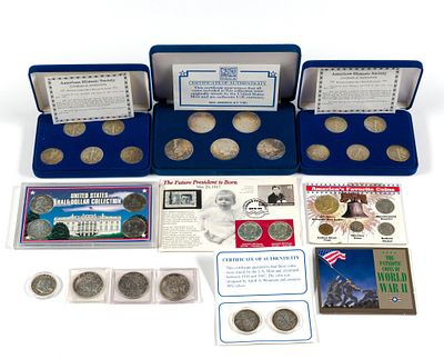 Silver Peace Dollars Walking Liberty Half dollars And Others. Presentation case of five Peace 