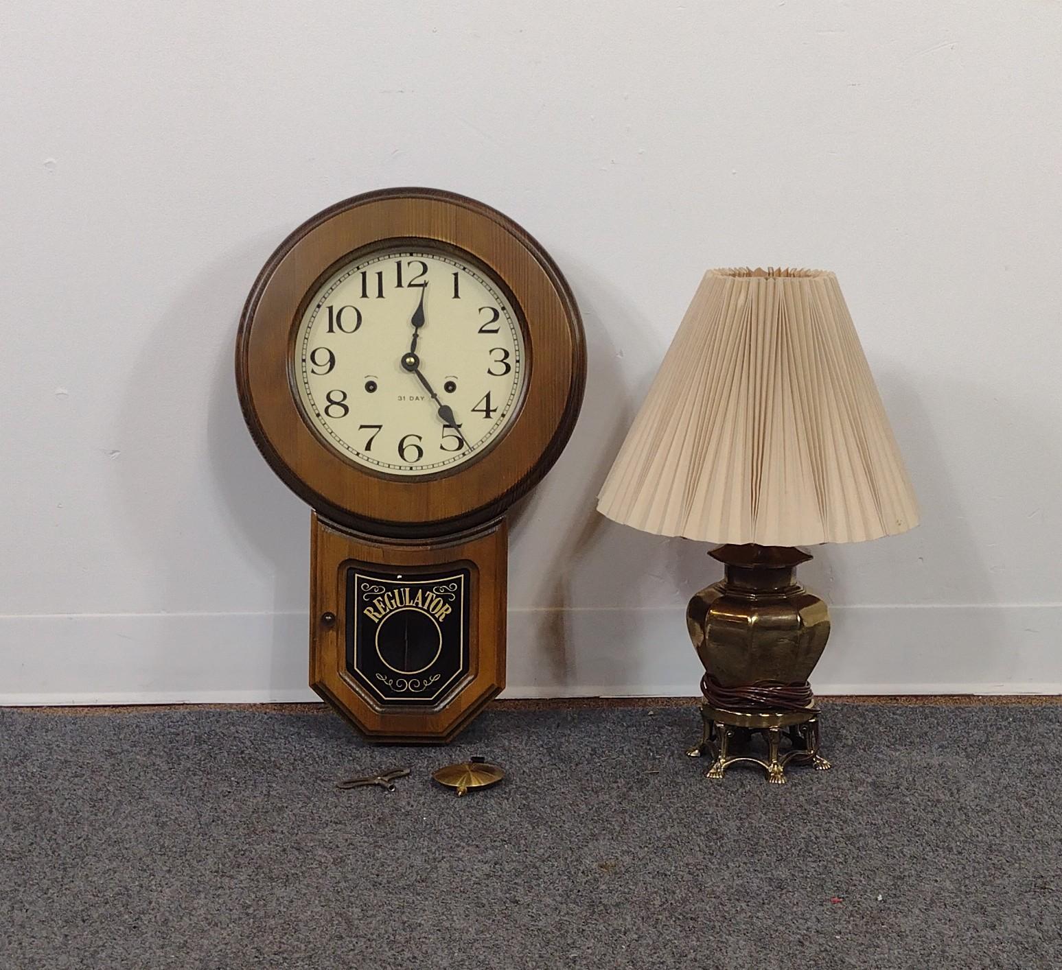 Regulator Wall Clock & Brass Table Lamp