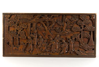 Carved Japanese Wood Relief. No signature. Includes figures, pagodas, trees, and floral designs. 