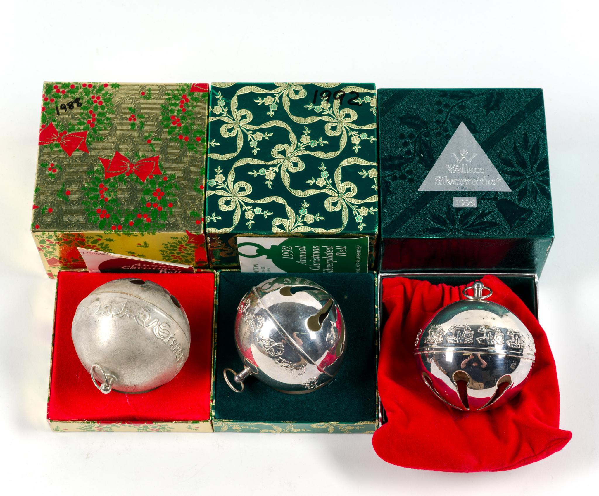 6 Wallace Silverplate Sleigh Bell Ornaments
