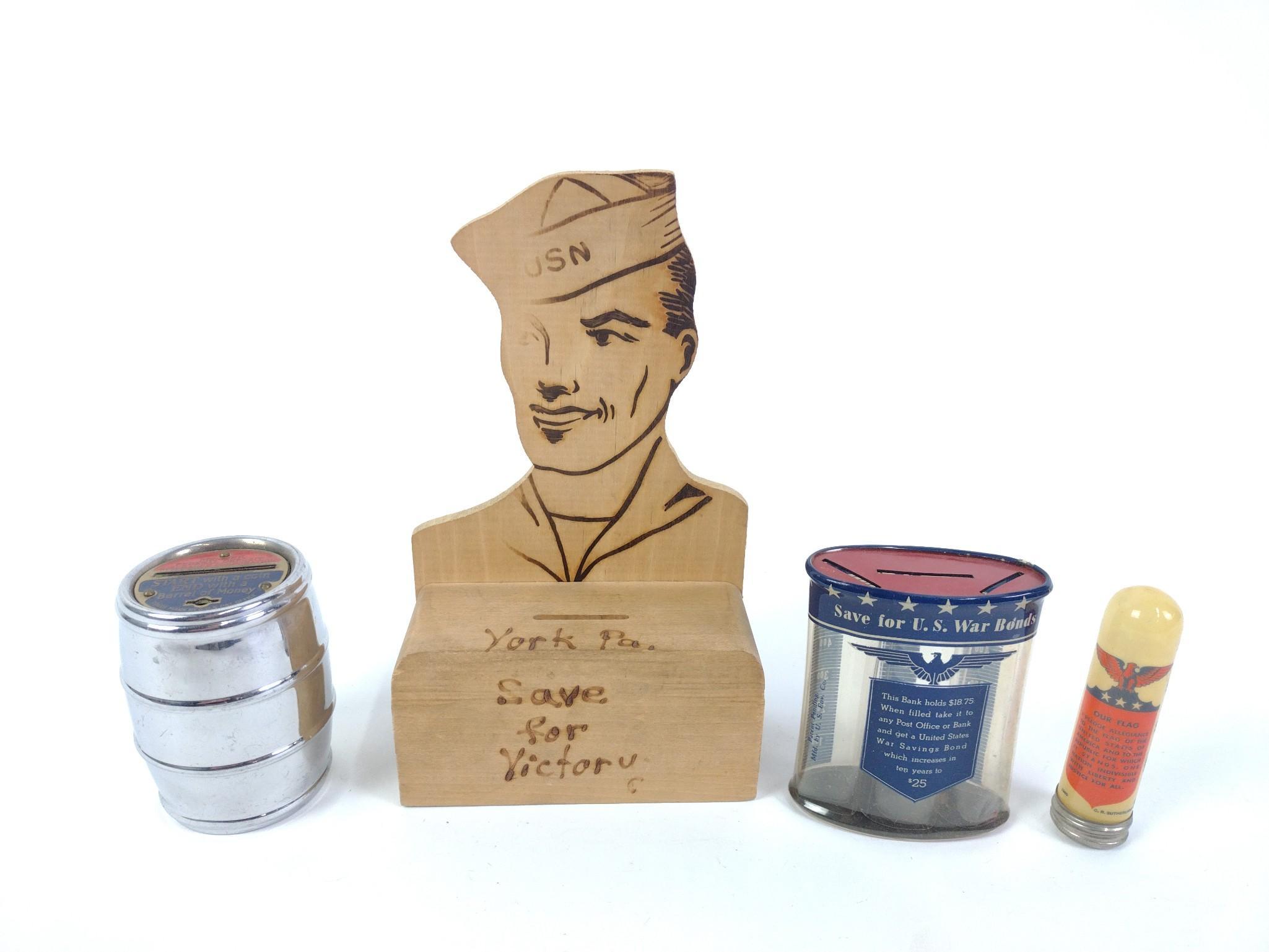 4 Antique Banks incl. War Bonds Banks