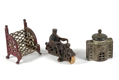 3 Vintage Cast Iron Toys and Cash Banks. Includes Police Motorcycle, Arcade style Coin Bank, and 