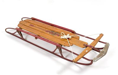 Vintage Genuine Flexible Flyer Sled. Wear consistent with age. Measures 21-1/2" W x 6" D x 51-1/2" H.