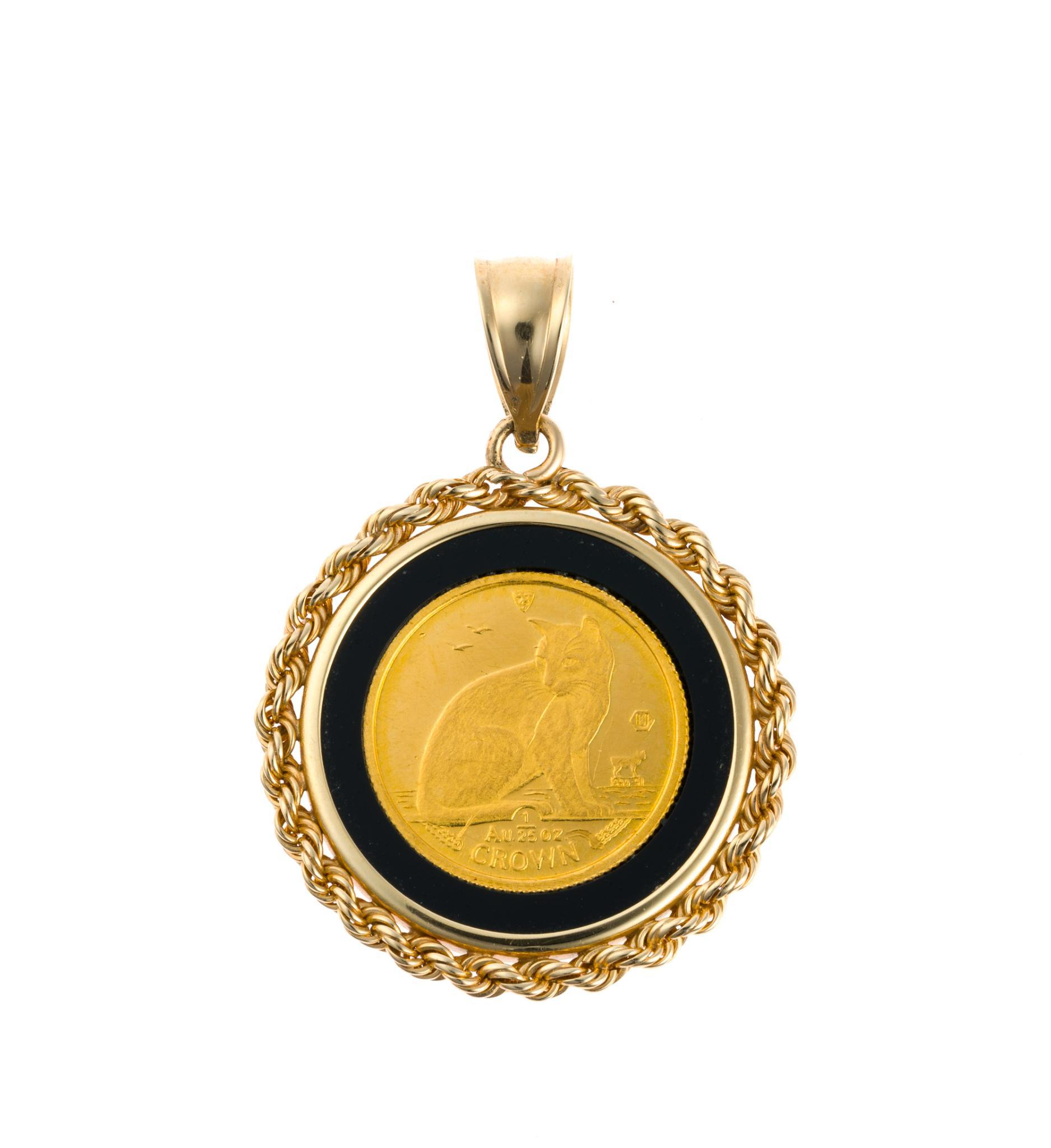 Isle of Man 1/25 Oz Gold Cat Coin in 14K Pendant