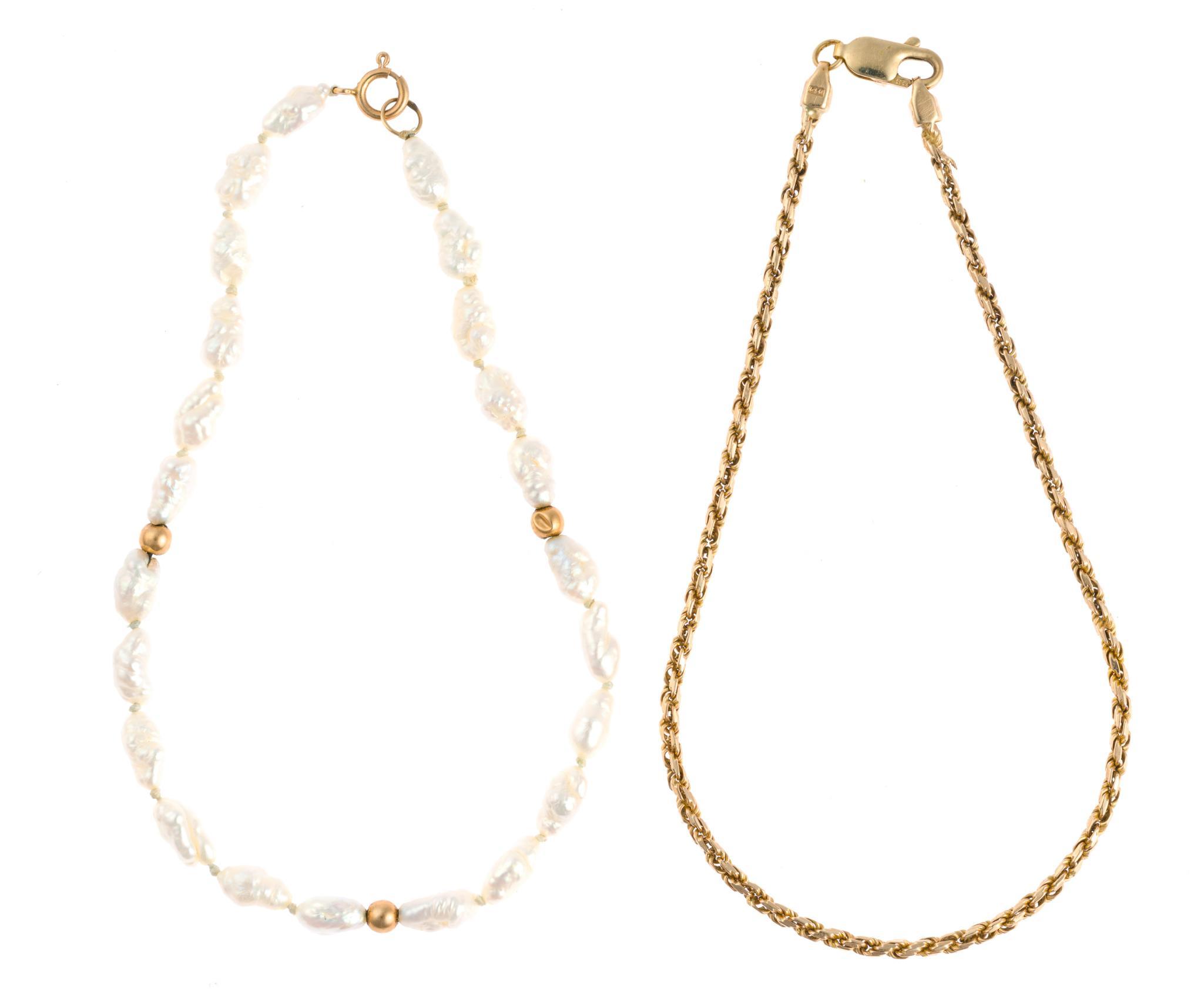 14K Yellow Gold Chain Bracelet and Pearl Bracelet