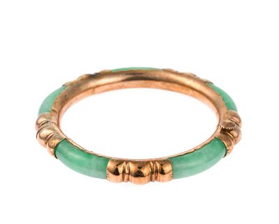 Vintage Chinese 18K Gold and Jade Bangle. Inner diameter of 52 mm (2 1/16"). This is a hinged 