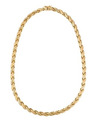 14K Gold Necklace. A 17" choker necklace in yellow gold with custom leaf or wheat design links. 