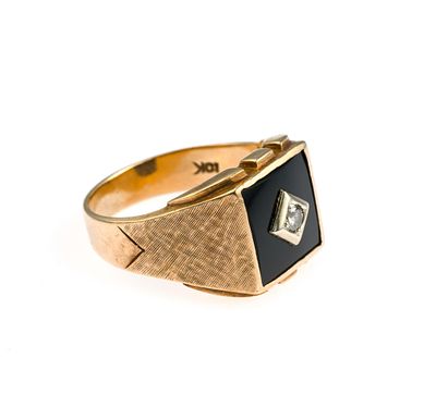 Vintage 10K Gold Onyx and Diamond Signet Ring. A size 11 signet style ring with weight of 8.8 grams.