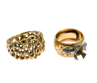 Two 14K Gold Rings. A size 4 ring missing the center stone and a size 8 ring with organic 
