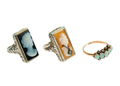 Gold Filigree Cameo and Opal Rings. The white hardstone on black onyx cameo ring is 14k white 