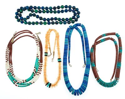 5 Native American and Southwest Bead Necklaces. Includes malachite, heishi, shell, spiny oyster 