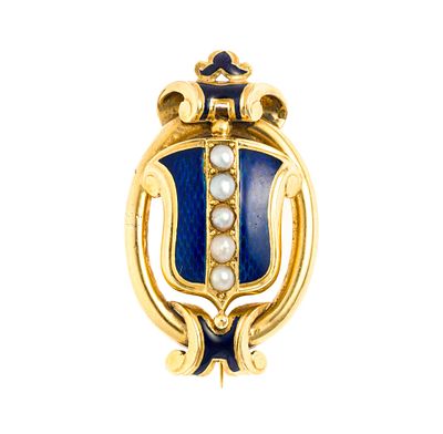 Victorian 18K Gold, Enamel, and Seed Pearl Pendant Brooch. A yellow gold convertible brooch and 