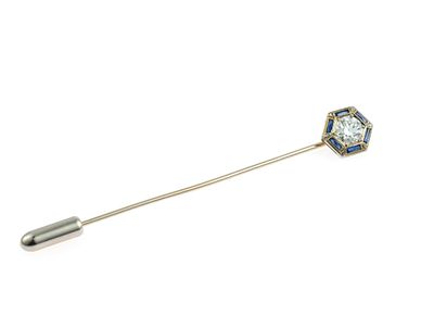 Art Deco 18K Gold, Diamond, and Sapphire Stick Pin. A white gold antique stick pin with a fine 