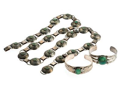 Sterling Taxco Concha Belt and Bangle Bracelets. The belt is 34" length with mosaic center 